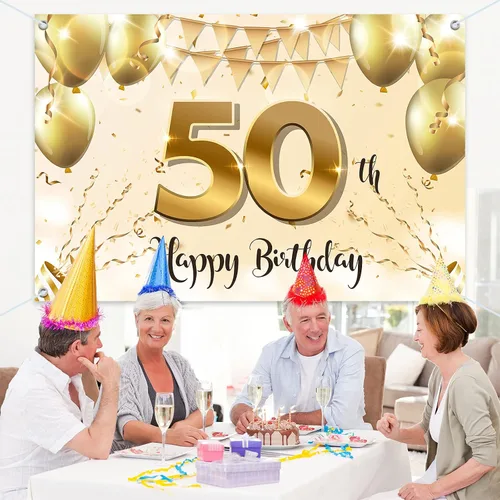 Miniatura 7 de HAMIGAR Fondo de pancarta de feliz cumpleaños 50 de 6 x 4 pies, decoraciones de cumpleaños de 50 años, suministros de fiesta para mujeres, oro blanco