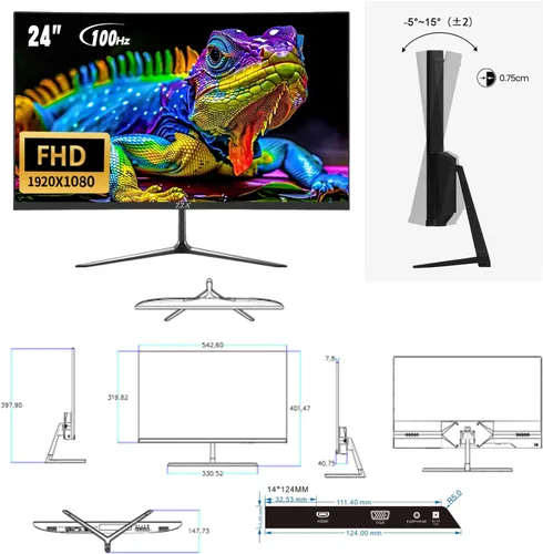 Miniatura 7 de ZZA - Monitor de 24 pulgadas 100HZ, 1080p, monitor de juegos curvo 2800R, VA 120% sRGB, FreeSync, sin marco en tres lados, filtro de luz azul