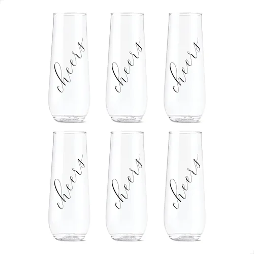 TOSSWARE POP - Juego de 6 copas de champán con estampado de flauta clásica de 9 onzas, color negro, calidad premium, reciclables, irrompibles y de