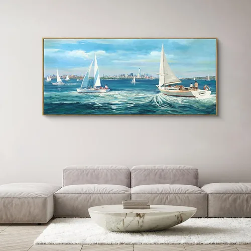 Miniatura 4 de XLSJERST Arte de Pared de Lienzo Azul Grande Pintura de Paisaje Marino - Cuadro de Paisaje con Textura Azul Marino Moderno Velero Obra de Arte