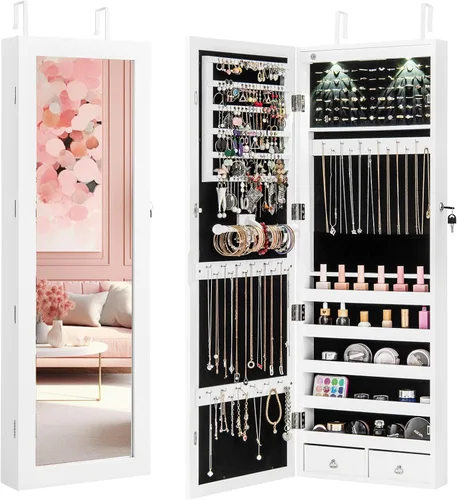 Miniatura 10 de Giantex Armario de joyería para puerta de pared con espejo de longitud completa, 2 LED con cerradura grande organizador de joyas con espejo ancho