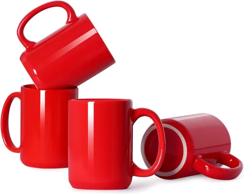 Tazas de café de porcelana de 16 onzas, taza clásica de cerámica en blanco con mango grande para té y café con leche, capuchino, juego de 4, rojo