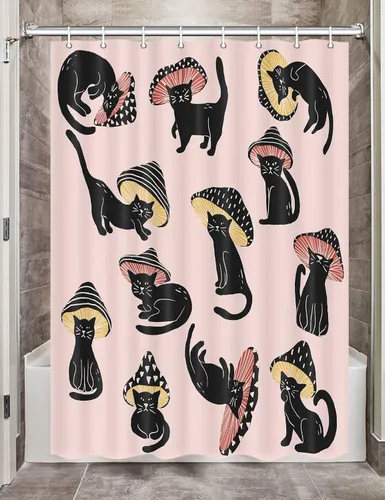 Miniatura 14 de MERCHR Cortina de Ducha de Gato Lindo Campista para Baño de Remolque de Viaje, Divertido Juego de Cortinas de Ducha de Tela Negra con Gato