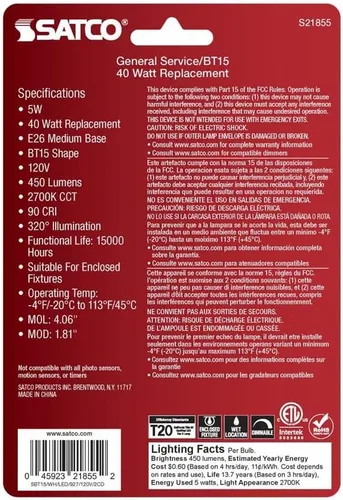 Miniatura 3 de Satco S21855 - Bombilla LED BT15 de 5 W, color blanco, base media, 2700 K, 450 lúmenes, 120 voltios