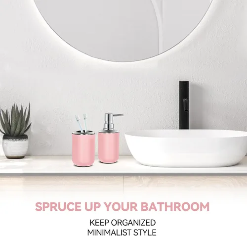 Miniatura 3 de Juego de 2 accesorios de baño rosa, accesorios de baño rosas, dispensador de jabón de plástico y soporte para cepillo de dientes, decoración de baño