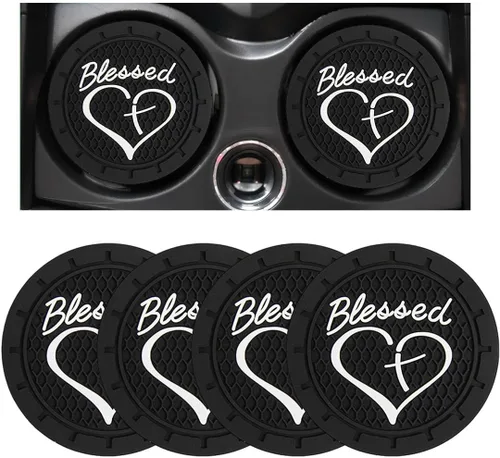 Miniatura 8 de Dickno 2 piezas posavasos para portavasos de automóvil, 2.76 pulgadas cruz bendita y corazón tapete de bebida cristiano, PVC suave antideslizante a