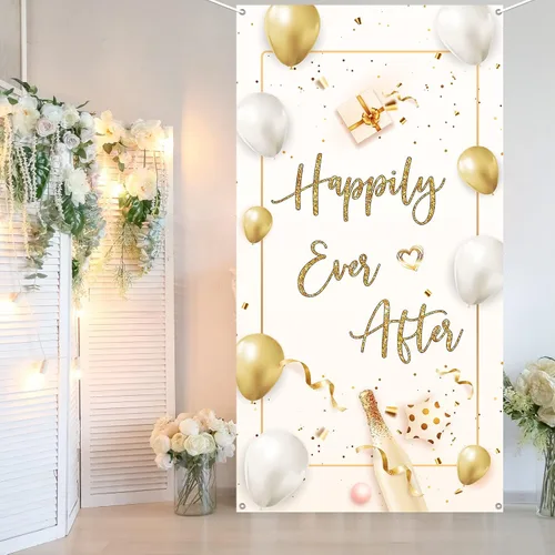 Miniatura 7 de INNORU Decoración de pancarta de puerta con texto en inglés "Happily Ever After", decoración de cubierta de puerta de fiesta de boda, letrero