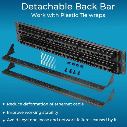 Miniatura 6 de Rapink Panel de parches Cat6 de 48 puertos con soporte Keystone 10G en línea, acoplador de paso UTP de 19 pulgadas, barra trasera extraíble, red 1U
