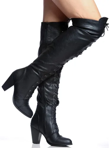 Miniatura 2 de Forever - Botas de equitación para mujer, tacón grueso, con cordones, botas arriba de la rodilla.