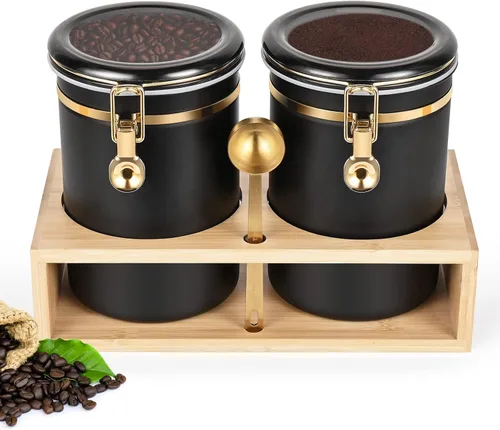 Yangbaga Botes de café de acero inoxidable 304 para café molido, 2 recipientes de café de 63 onzas con estante de almacenamiento de granos de café,
