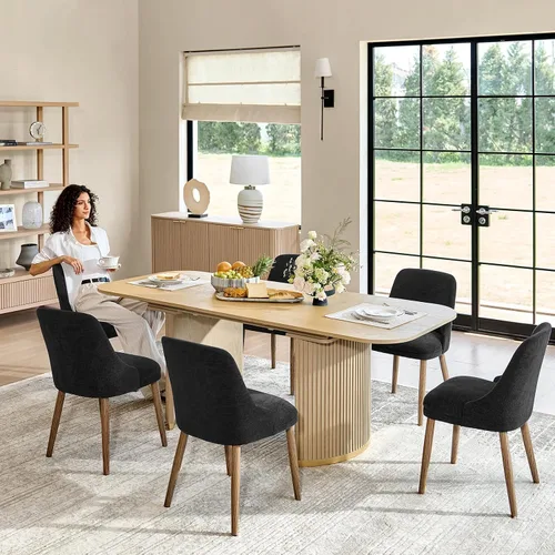 Miniatura 10 de HULALA HOME Juego de 2 sillas de comedor tapizadas de tela azul marino con patas de madera maciza, respaldo acolchado, sillas decorativas modernas