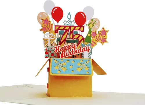 iGifts And Cards Tarjeta desplegable 3D de cumpleaños 75: caja de fiesta azul centro de mesa de champán - Saludo de hito para padres, abuelos,