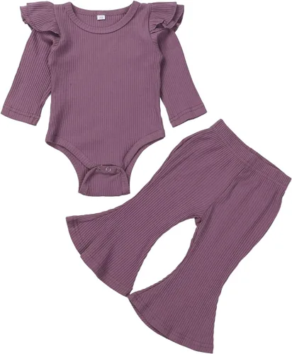 Ropa para bebé y niña, acanalado, con volantes, manga larga, mameluco, pantalones acampanados, color sólido, otoño, invierno, trajes de 2 piezas