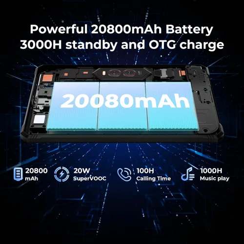 Miniatura 7 de HOTWAV R9 Plus Tablet resistente de 11 pulgadas IP68/IP69K impermeable, batería de 20080mAh, Android 14, Unisoc T7280 Octa-Core, 8GB+512GB, cámara