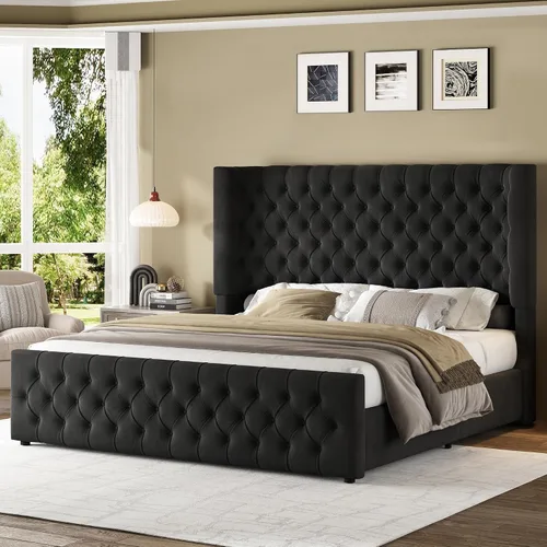 Miniatura 14 de Jocisland Base de cama tapizada tamaño Queen con cabecera curvada de 6.3 pulgadas, estribo copetudo, listones de madera, no necesita somier