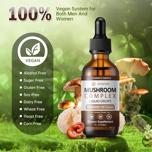 Miniatura 6 de Suplemento de gotas líquidas complejo de hongos – melena de león, shiitake, trompeta rey, cola de pavo, reishi, cordyceps y chaga, tintura vegana 7