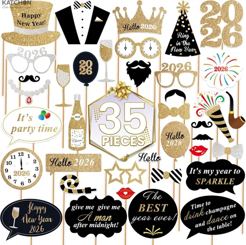 Miniatura 2 de Katchon, Accesorios para cabina de fotos de Año Nuevo con purpurina – Paquete de 35 Accesorios de cabina de fotos NYE para suministros de fiesta