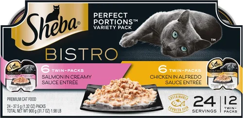 Sheba Perfect PORTIONS Bistro - Bandejas de comida húmeda para gatos (12 unidades, 24 porciones), pollo en salsa Alfredo y salmón en salsa cremosa,