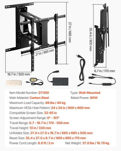 Miniatura 7 de VEVOR Soporte de pared motorizado para TV, soporte de TV para TV de 32 a 65 pulgadas, soporte de TV de techo ajustable eléctrico, soporte de TV
