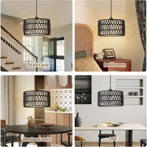 Miniatura 7 de Lámpara colgante enchufable, luces colgantes de ratán con cable enchufable, pantalla tejida y de tela 2 en 1, lámpara colgante enchufable para Negro