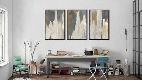 Miniatura 4 de Arte de pared abstracto enmarcado grande - Cuadros de lienzo enmarcados naturales para sala de estar, impresiones modernas en lienzo gris azul