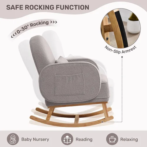 Miniatura 4 de HCHAIRH Mecedora para guardería con otomana, mecedora tapizada con respaldo alto y bolsillo lateral, sillón con patas de madera maciza para Gris