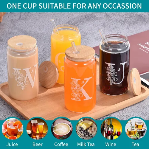 Miniatura 3 de Vasos de vidrio con iniciales con tapas y pajitas, regalos con monograma para mujeres, vaso de vidrio de cerveza de 16 onzas, taza de café helado