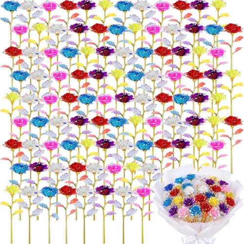 Miniatura 12 de Lyrow 12 rosas de galaxia con tallos, regalo para ella, rosa de cristal falsa preservada para siempre, 24 quilates, para decoración de cumpleaños