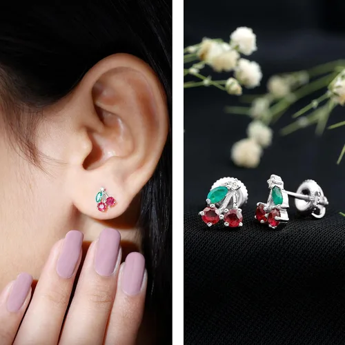Miniatura 11 de Aretes de cereza esmeralda y rubí natural para mujer, calidad AAA certificada, aretes de tuerca de cereza roja