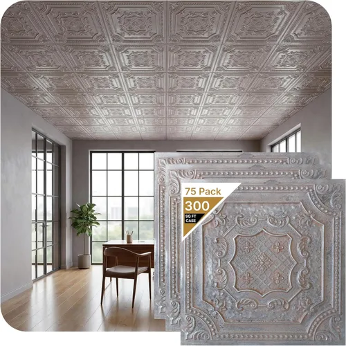 Miniatura 23 de from Plain to Beautiful in Hours DCT04 Elizabelthan Shield - Azulejo de techo de PVC de 2 x 2 pies (cubiertas / 200 pies cuadrados), gris pardo