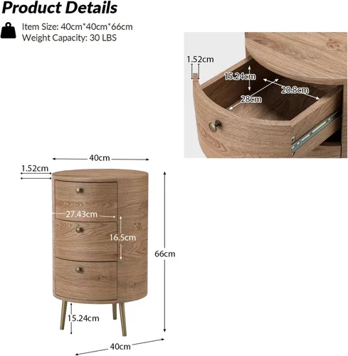 Miniatura 2 de HULALA HOME Mesa auxiliar redonda con 3 cajones de almacenamiento, mesa auxiliar moderna de mediados de siglo con patas de metal, mesa auxiliar