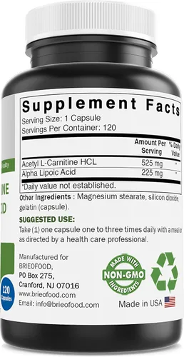 Miniatura 3 de Brieofood Acido acetil L-carnitina alfa lipoico (ALA ALC) 750 mg 120 Cápsulas