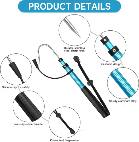 Miniatura 3 de SANLIKE Telescopic Fishing Gaff Aluminum Pole with Nonslip Rubber Handle Stainless Steel M8 Screw Hook Azul