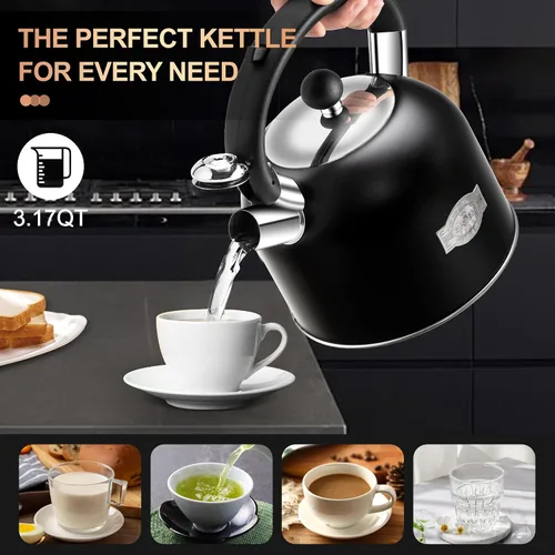Miniatura 3 de SUSTEAS Hervidor de té – Hervidor silbante de 3.17 cuartos con mango ergonómico – Ollas de té de acero inoxidable de alta calidad para estufa
