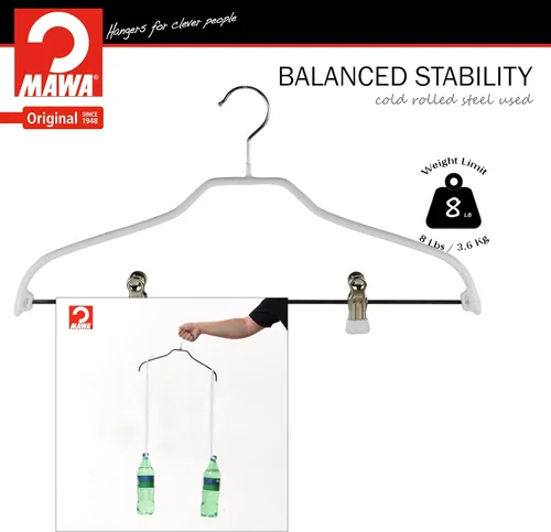 Miniatura 8 de Mawa by Reston Lloyd Silhouette Series - Percha antideslizante para ahorrar espacio con clips para pantalones, estilo 40/FK, juego de 5, color blanco