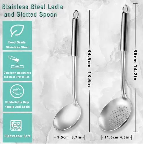 Miniatura 2 de Pleafind 2 piezas Cucharón y cuchara ranurada, cucharón para sopa y cuchara colador, cucharas de cocina y espumaderas de acero inoxidable, Gris