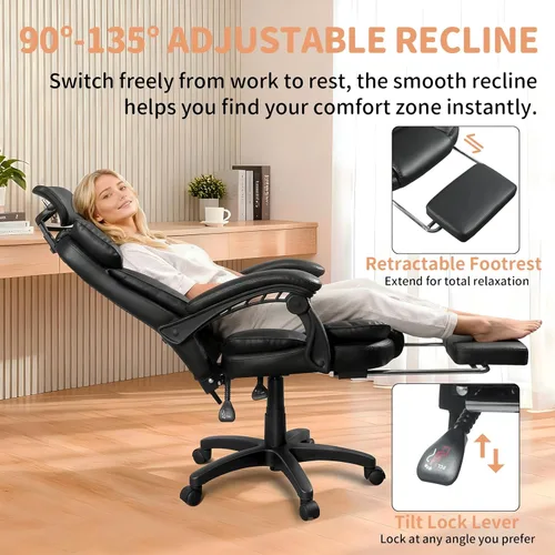 Miniatura 4 de Silla de oficina grande y alta, cómoda silla ergonómica de cuero para computadora con reposacabezas, respaldo alto, silla ejecutiva reclinable