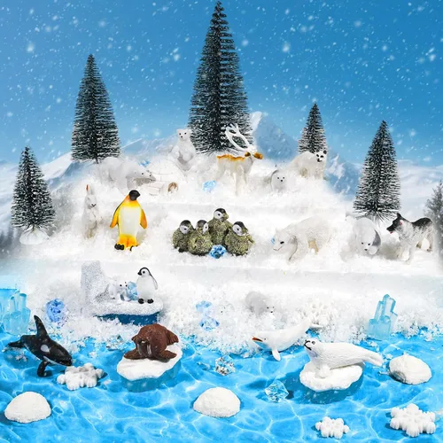 Warmtree Juego de 46 figuras de animales árticos, incluye 22 figuras de animales de pingüino de oso polar, 6 mini pinos, 18 lceberg artificiales,