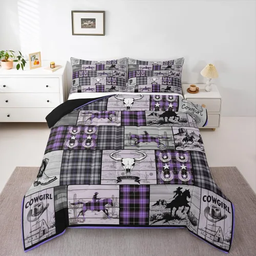 Miniatura 34 de Juego de edredón de vaquero, tamaño King, juego de ropa de cama de herradura con estrellas del oeste de Texas para adultos, hombres y niños, ropa