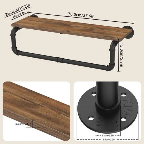 Miniatura 3 de Perchero Industrial de Tubería, Perchero de Ropa de Hierro Resistente Montado en Pared para Colgar Ropa, Estante con Barra para Colgar