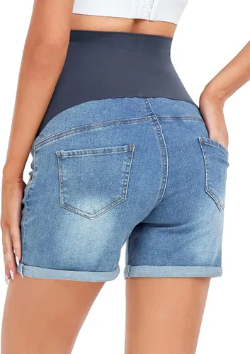 Miniatura 5 de HOFISH Pantalones cortos elásticos de maternidad para mujer, sobre el vientre, cómodos, pantalones cortos de mezclilla, pantalones cortos casuales