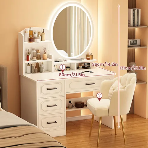 Miniatura 2 de Escritorio de maquillaje con espejo y luces, moderno escritorio de maquillaje para dormitorio, con mucho almacenamiento, 3 modos de iluminación