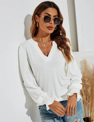 Miniatura 2 de Romanstii Camisetas casuales con cuello en V para mujer, blusas sueltas de manga larga abombada, plateado