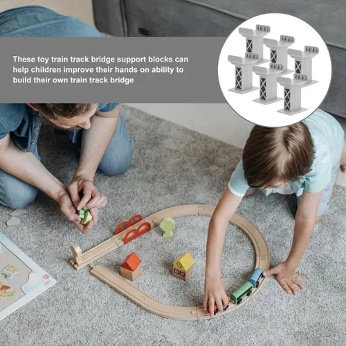 Miniatura 6 de jojofuny 6 soportes para puente de tren de madera, accesorios para pistas de tren, muelles de puente que mejoran la estabilidad y el juego creativo