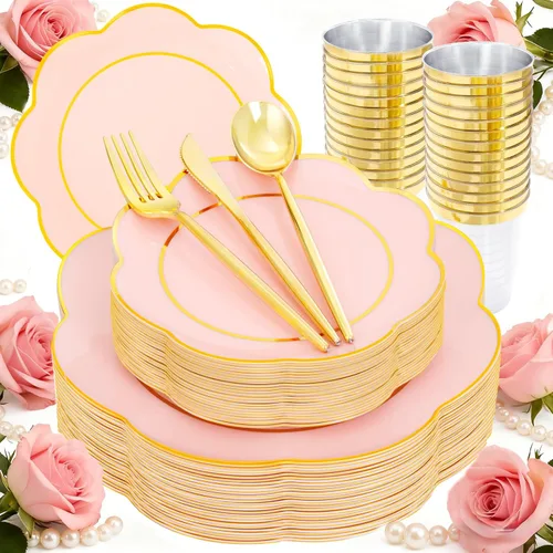 Miniatura 10 de ejonirinjonir EI - 180 platos de plástico beige con cubiertos de plástico dorado, platos desechables de alta resistencia para fiestas, juego