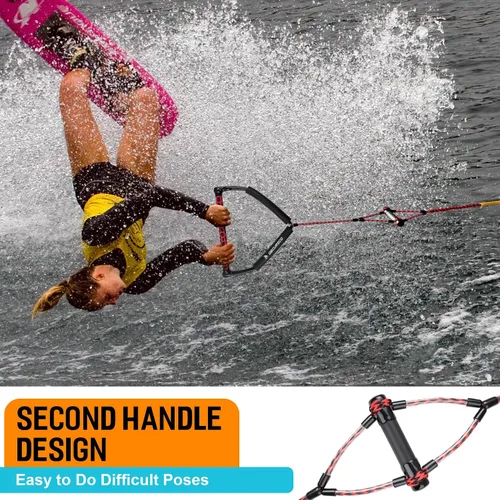 Miniatura 3 de Obcursco Cuerda Wakeboard, línea de deportes acuáticos con mango EVA. Ideal para esquí acuático, wakeboard, rodillera 2 secciones rojo y negro