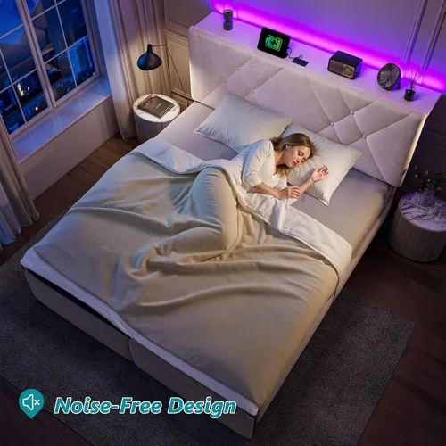 Miniatura 7 de EnHomee Marco de Cama Queen con 2 Cajones, Cabecera Tapizada con Estación de Carga, Marco de Cama de Terciopelo Acolchado y Luces LED, No Necesita