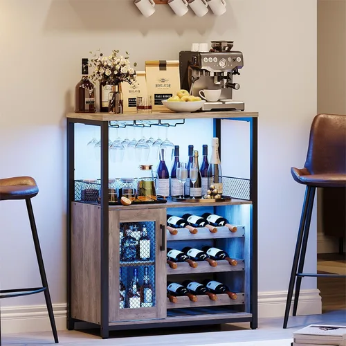 Miniatura 9 de IDEALHOUSE Armario de bar de vinos de 3 niveles con estante de vino desmontable y espacio de almacenamiento, gabinete de buffet con soporte de Gris