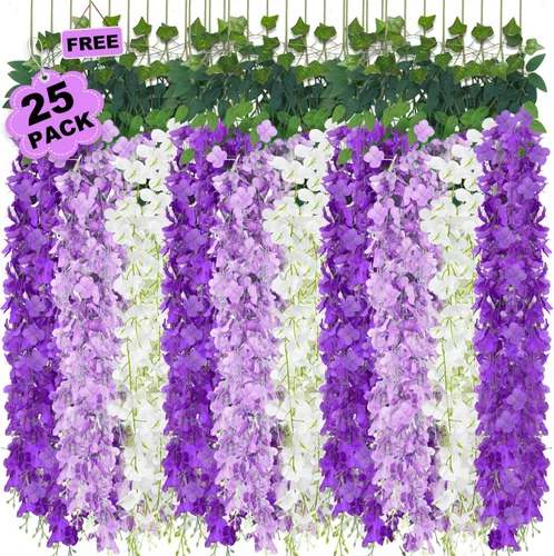 Miniatura 12 de 25 Pcs Artificial Wisteria Hanging Flowers 3.6ft Dusty Blue & White Fake Hanging Flowers Garland Silk Flowers Rattan String Faux Wisteria Vine for