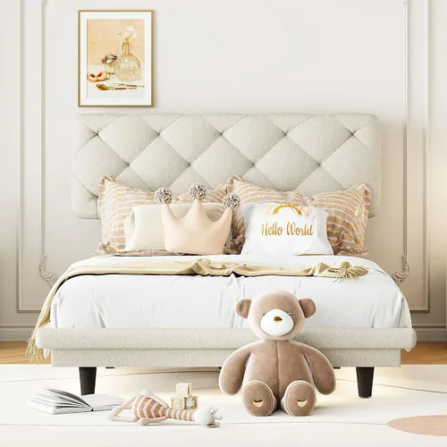 Miniatura 3 de Cama de plataforma flotante, marco de cama de madera tamaño individual con rayas claras, tela de lino suave y cabecera de diseño capitoné